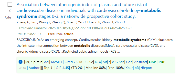 A PubMed search result with the citation bar underneath: citation count, RCR, influential citations, Altmetric, author, journal rank and MEDLINE share